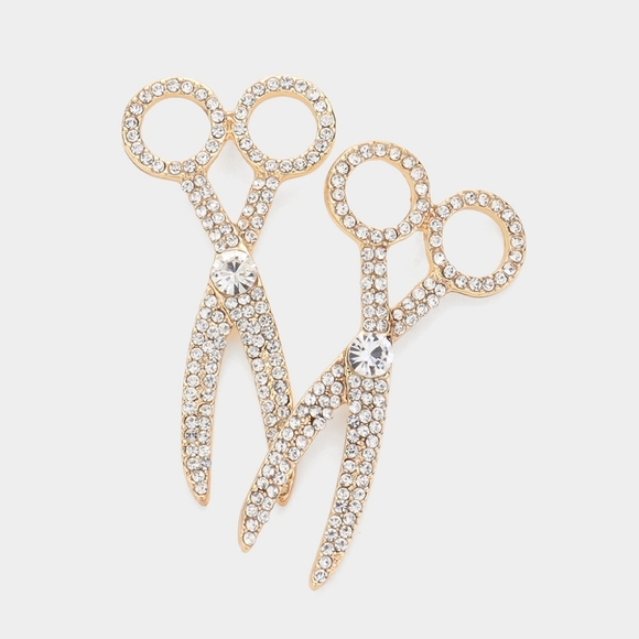 Gold Scissor Shaped Rhinestone Crystal Drop Earrings Fashion Statement Jewelry - Picture 2 of 4